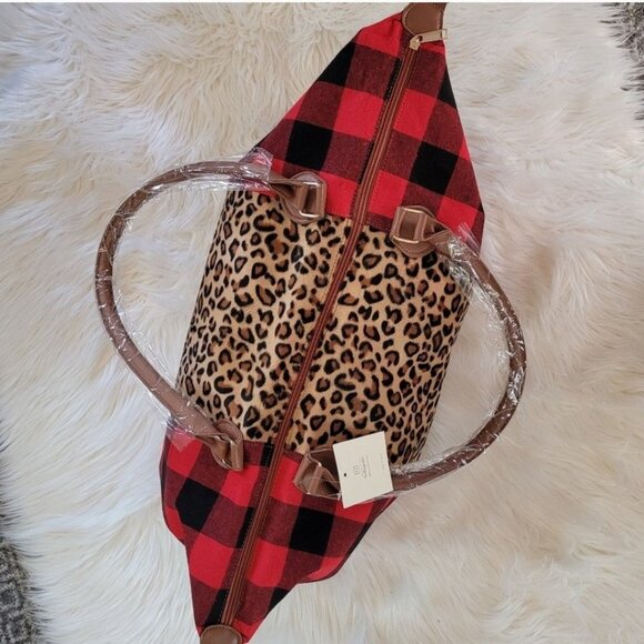 Leopard & Buffalo Plaid Duffel Bag With Brown Handles & Detachable Strap - Picture 10 of 12